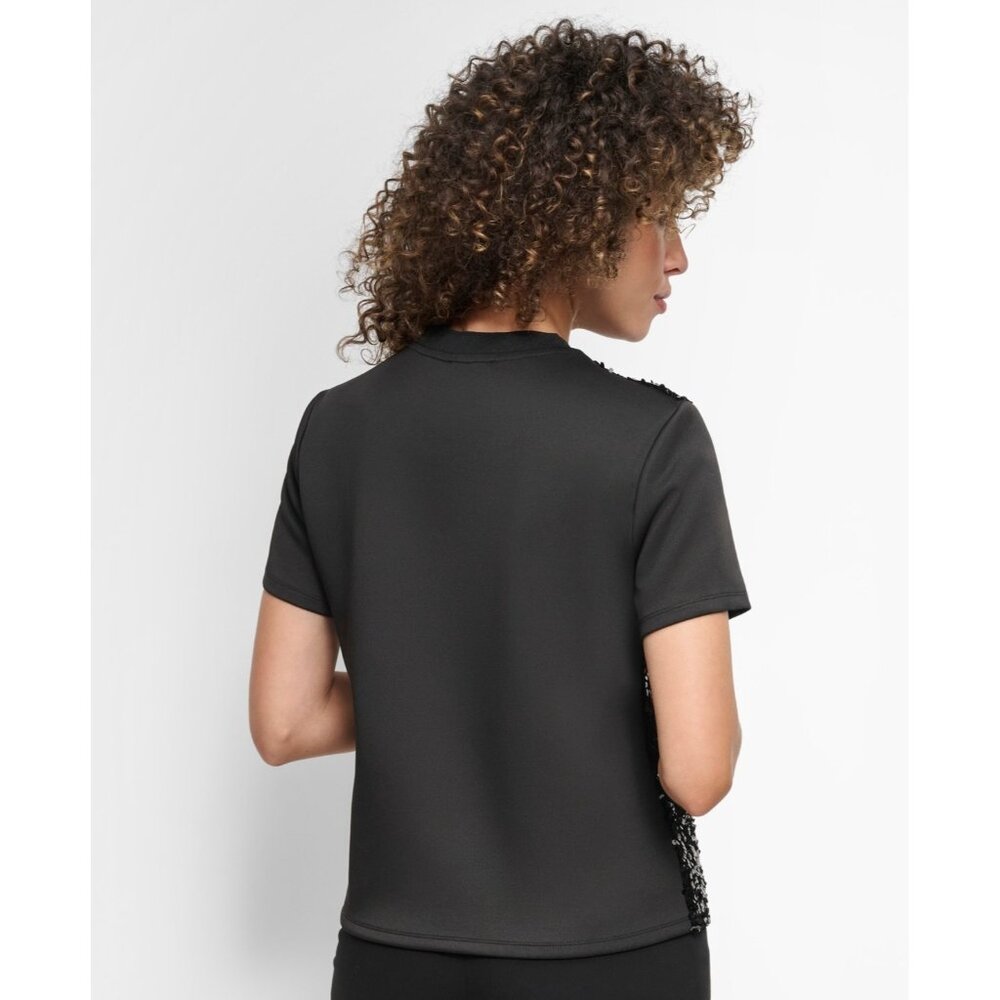 DKNY Women's Crewneck Short-Sleeve Sequin Blouse Black Size M SALE $89 - Picture 4 of 5